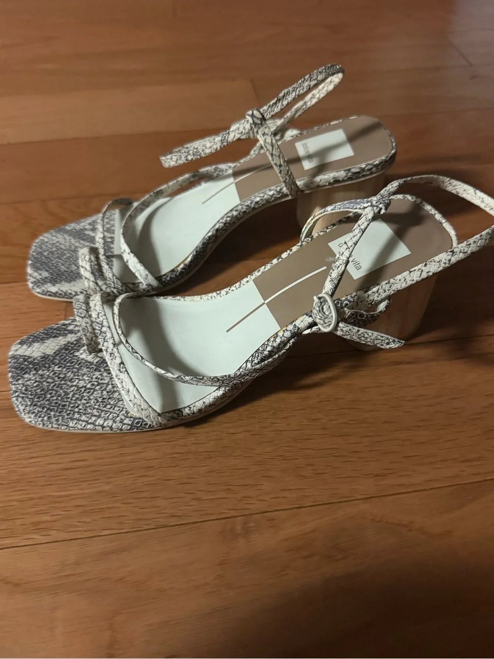 Dolce Vita Cream and Gray Snake-Print Block Heel Sandals